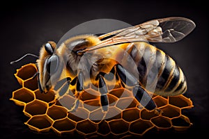 Close up view of the working bees on honey cells.generative ai