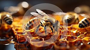 Close up view of the working bees on honey cells. Generative Ai