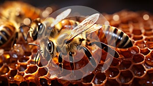 Close up view of the working bees on honey cells. Generative Ai