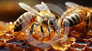 Close up view of the working bees on honey cells. Generative Ai