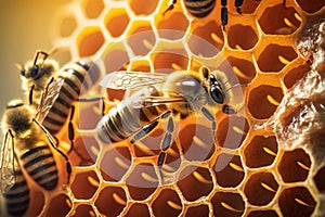 Close up view of the working bees on honey cells.Life of bees. Reproduction of bees. generative AI