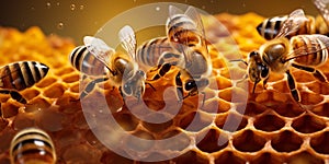 Close up view of the working bees on honeycells with AI generated.