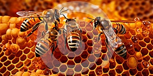 Close up view of the working bees on honeycells with AI generated.