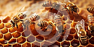 Close up view of the working bees on honeycells with AI generated.