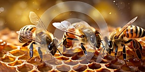 Close up view of the working bees on honeycells with AI generated.