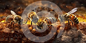 Close up view of the working bees on honeycells with AI generated.