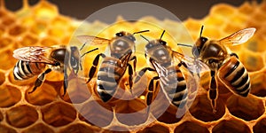 Close up view of the working bees on honeycells with AI generated.