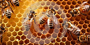 Close up view of the working bees on honeycells with AI generated.