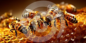 Close up view of the working bees on honeycells with AI generated.