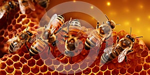 Close up view of the working bees on honeycells with AI generated.