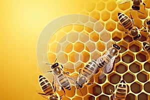 Close up view of the working bees on honeycells. Bee honey production. Generative AI