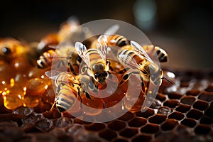 Close up view of the working bees on honeycells. Beekeeping concept. ia generated