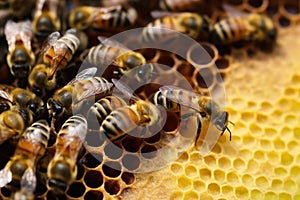 Close up view of the working bees on honeycells. Generative AI