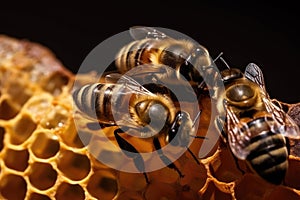 Close up view of the working bees on honeycells. Generative AI