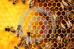 Close up view of the working bees on honeycells. Generative AI