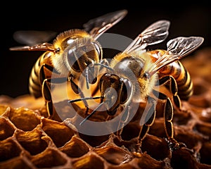 Close up view of the working bees on honeycells. Macro photography.