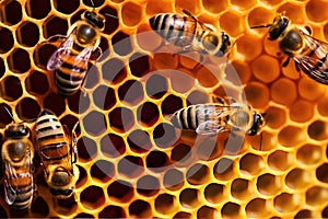 Close up view of the working bees on honeycells - selective focus. Generative AI