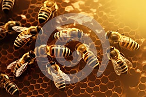 Close up view of the working bees on honeycells - selective focus. Generative AI