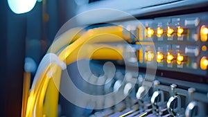 A close up view of a yellow cable securely connected to a server, providing reliable connectivity, Internet cables and servers in