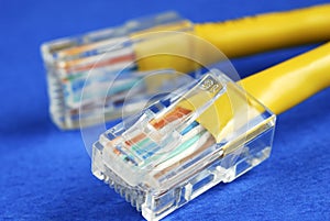 Close-up view of the yellow Ethernet (RJ45) cable