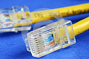 Close-up view of the yellow Ethernet (RJ45) cable