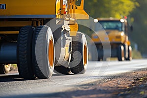 Close-up view: Yellow road roller works on black asphalt for country road construction.