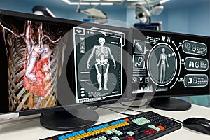 Close-up viewing and analytics at Hologram human anatomy and skeleton. Feature of medical science in the operation room. Virtual