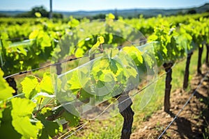 close-up of vineyard bird deterrent tapes fluttering