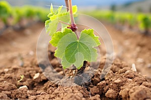 close-up of vineyard soil with budding grapevine