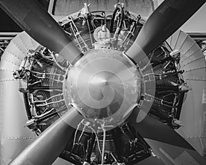 Close up vintage aircraft engine and propeller.