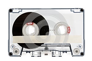 Close up of vintage audio cassette tape, isolated on white