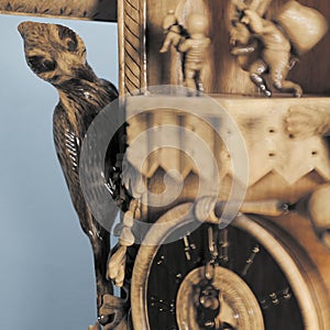Wooden carved woodpecker on grandfather clock 3d rendering