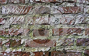 Close-up of vintage cracked dirty brick wall with peeling plaster, texture, background