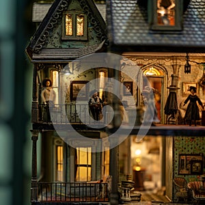 A close-up of a vintage dollhouse, each room telling a sinister tale.