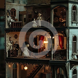 A close-up of a vintage dollhouse, each room telling a sinister tale.