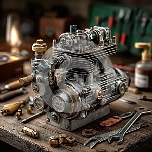 Close-Up of Vintage Engine Component on Wooden Workshop Table