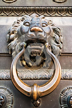 Close-up of a vintage lion head doorknob.