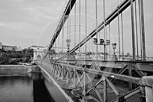 Close up of vintage metal fence of Chain Bridge. Black white abstract architecture background. Hungary, Budapest