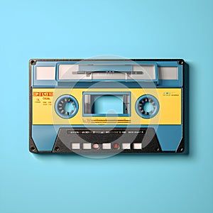 Close up vintage and old audio cassette tape isolated on blue background, ai generated