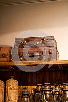 Close-up of vintage old leather case