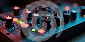 Close up of vintage synth knobs patch cables , electronic music, studio