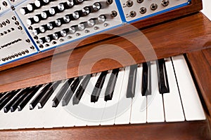 Close-up of vintage synthesizer keyboard
