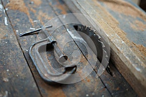 Close up vintage table saw and c clamp