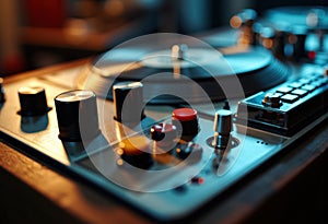 Close-up of a vintage turntable with control knobs and buttons
