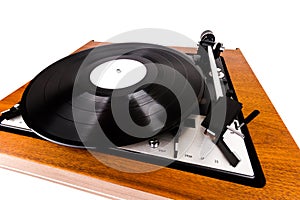 Close up of vintage turntable vinyl record player isolated on white