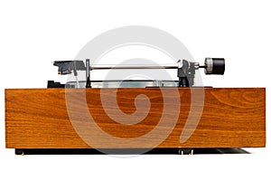 Close up of vintage turntable vinyl record player isolated on white