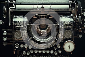 Close-up of Vintage Typewriter, Classic Machine for Typing Text and Documents, Vintage typewriter header with old paper,