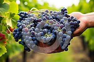 Close-Up of Vintners Hands Holding Bunch of Harvested Grapes in Vineyard, Winemaking Process