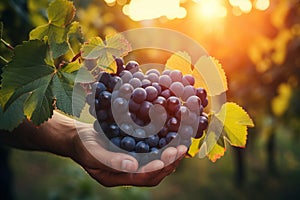 Close Up of Vintners Hands Holding Freshly Harvested Grapes in a Beautiful Vineyard photo
