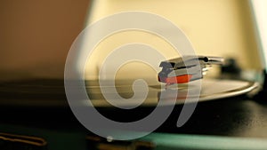 Close up of vinyl record on player